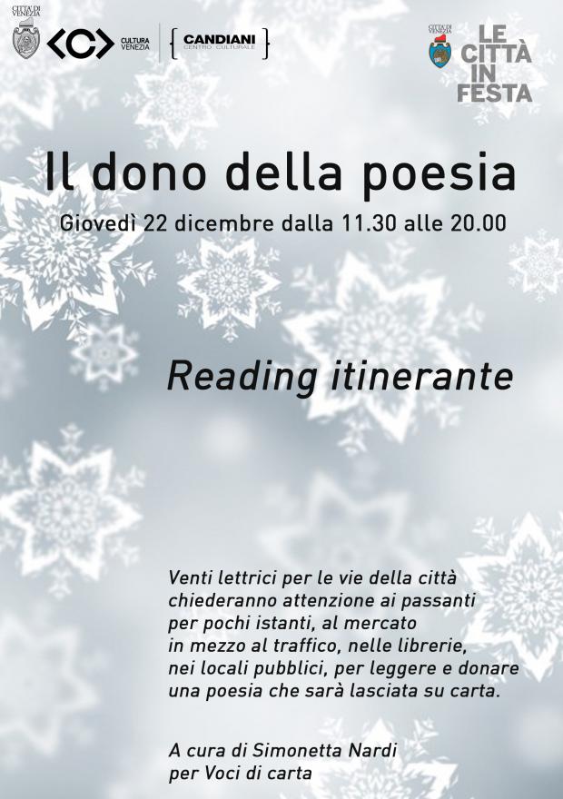 Locandina il dono della poesia Immagine di fiocchi di neve stilizzati con in sovraimpressione il testo