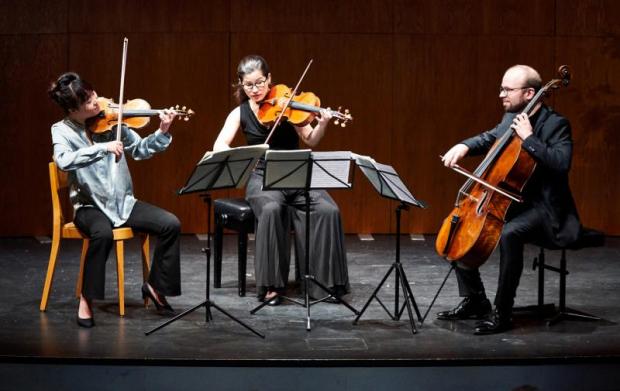 Trio di archi mentre suona. A sx e al centro due donne a violino e viola, a dx un uomo al violoncello