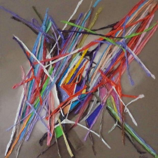 Quadro astratto: linee materiche di diversi colori si intrecciano come gli stecchini del gioco Shanghai
